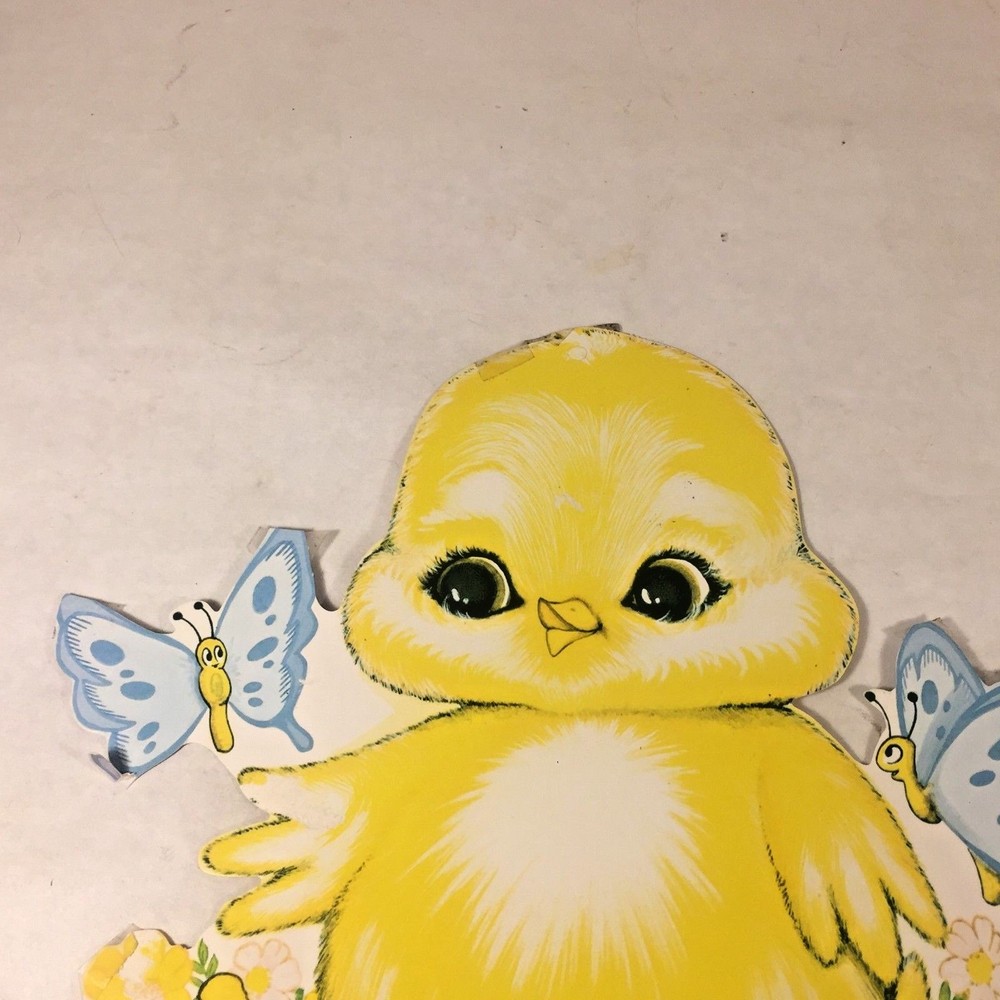 Vtg MCM 1977 Beistle EASTER Chick Sitting on Mushroom TOADSTOOL Diecut Butterfly