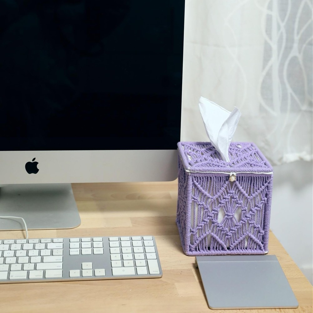Macrame Tissue Box Cover Square Shape, Braided Rope Boho Style Tissue Purple