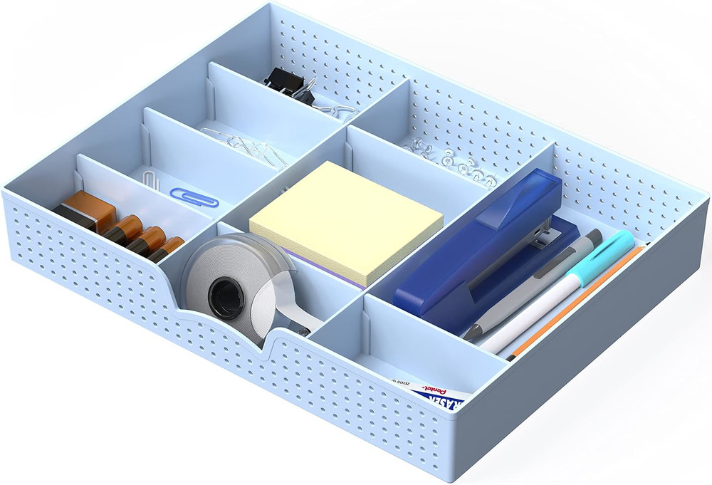 Blue Drawer Organizer Tray - 9 Adjustable Compartments for Home Storage