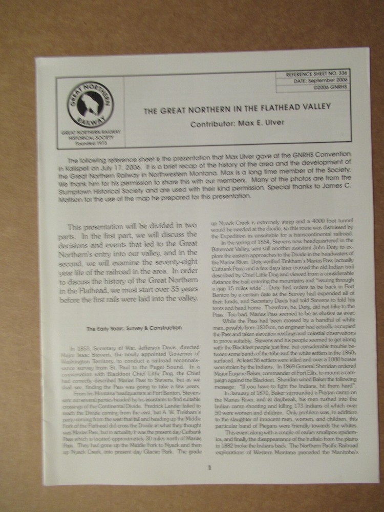 Great Northern Reference Sheet 336 Flathead Valley