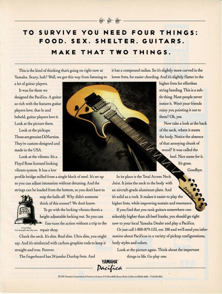 Yamaha Guitars - Pacifica - 1992 Print Advertisement