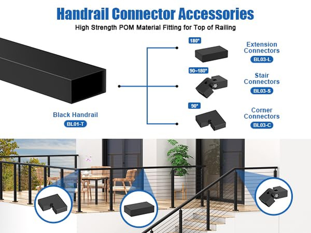 8FT Stainless Steel Cable Railing Handrail, Black Rectangular Handrail Flat Top