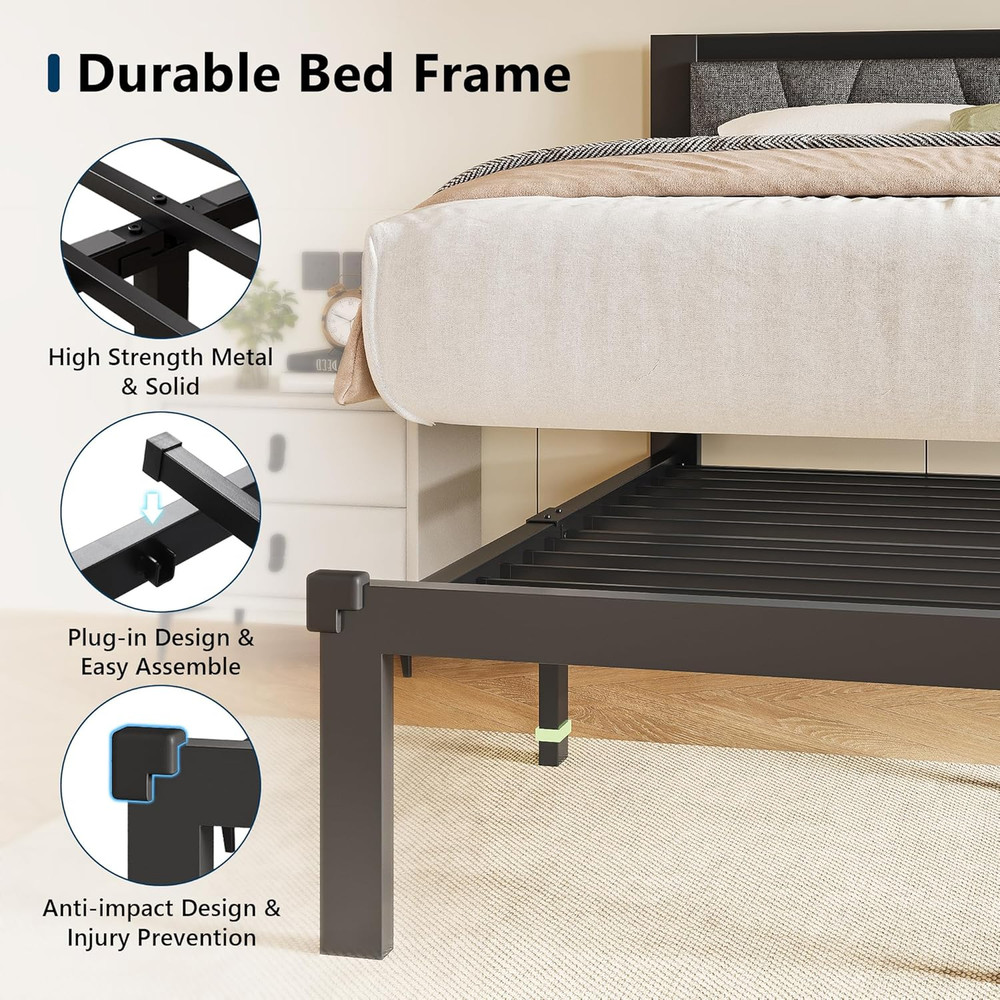 Queen Size Bed Frame with Button Tufted Headboard, Linen Upholstered Platform Be