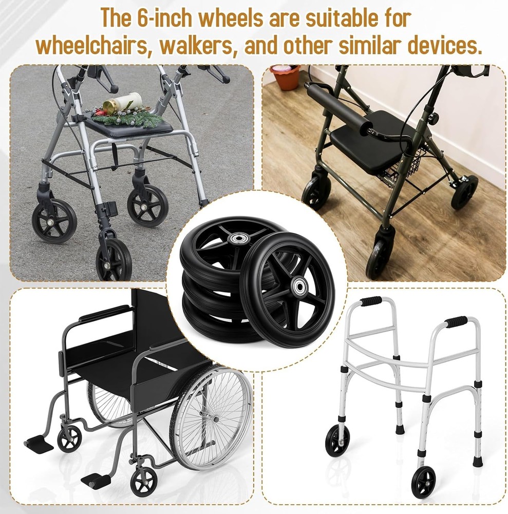 4 Pack 6" Solid Wheelchair Walker Rollator Front Wheels w/ Axles
