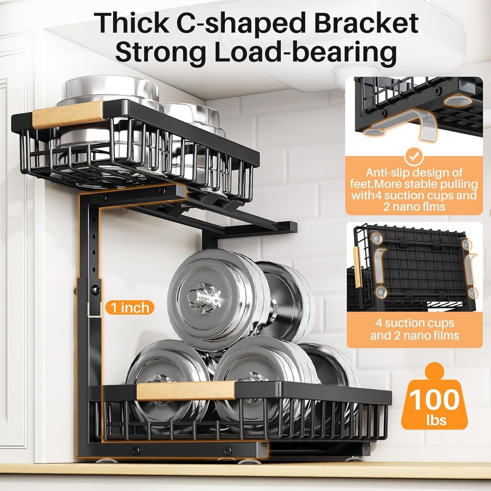 Under Sink Organizer Adjustable Height 2 Tier Pull Out Under Cabinet Organizer