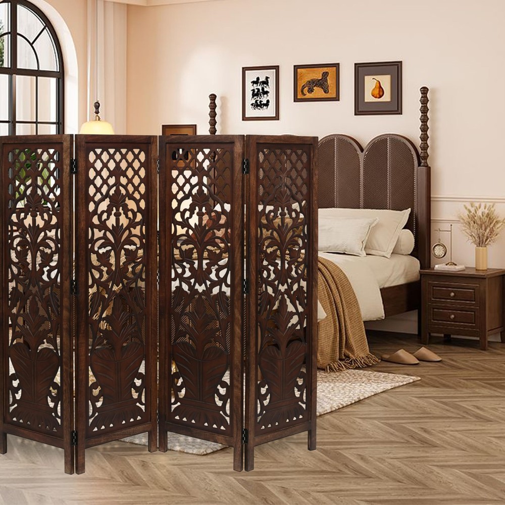 Room Divider Wood Screen Panel – Burnt Brown, 4-Panel Folding 64"x54", Hand-C...