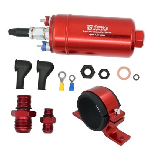 300LPH High Flow External Inline Fuel Pump (044 Style), Red with Bracket