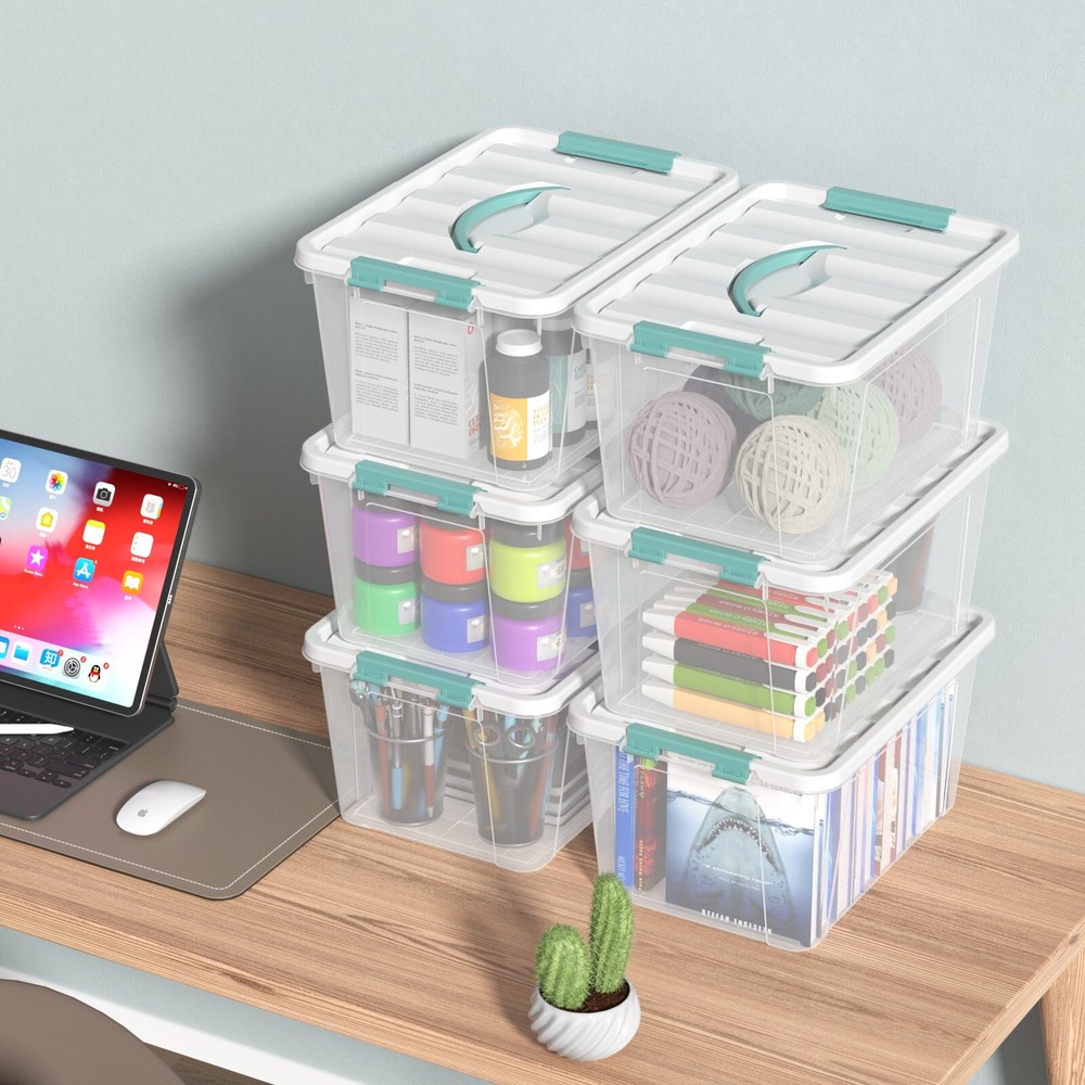 14 Qt Stackable Plastic Storage Bins with White Lids, 8 Packs, Clear