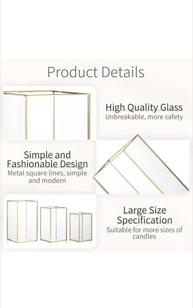 Glass Hurricane Candle Holder: 3 Pcs Gold Large Rectangular Lantern
