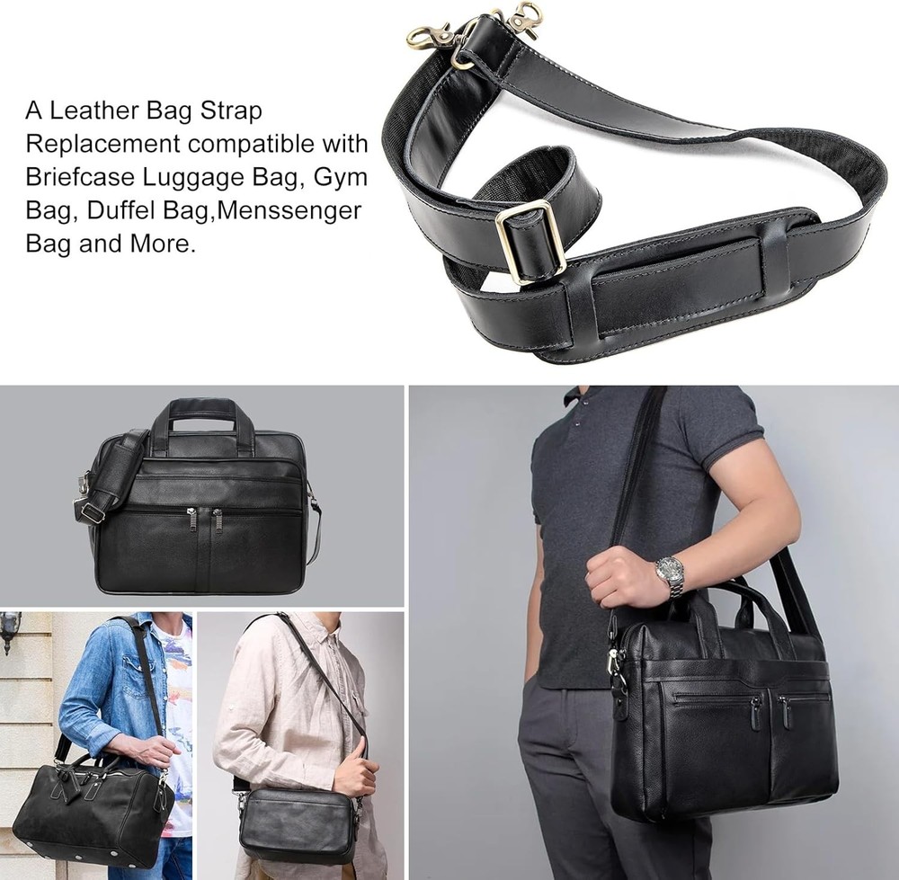 Full Grain Leather Bag Strap Replacement - Adjustable Shoulder Black
