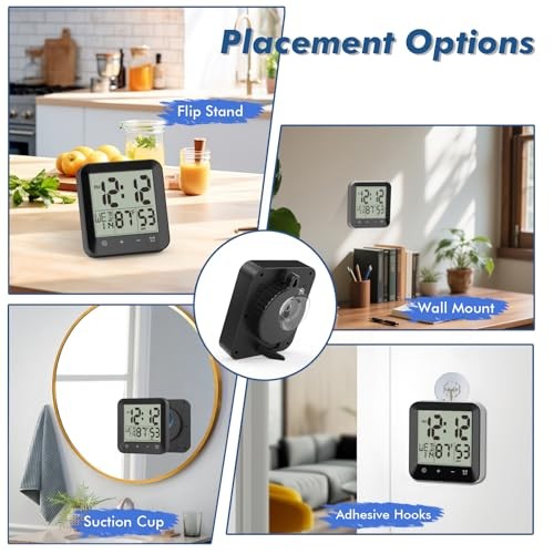 Waterproof Shower Clock Timer, Bathroom Clock with Countdown, Touch Black