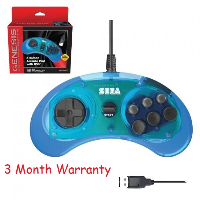 Retro-Bit Official USB Controller 6-Button for Sega Genesis Mini, PC/Mac Blue