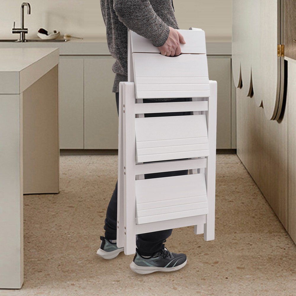 3-layer Folding Step Ladder Folding Wooden Step Stool Not Require Assembly White