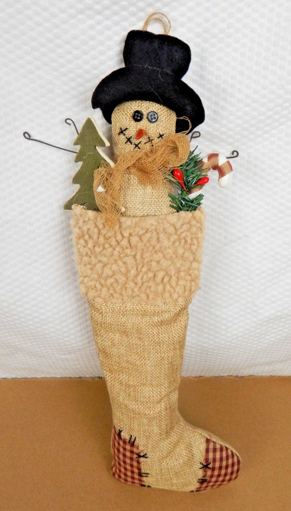 Primitive Stocking Stuffed Snowman Burlap Wall Hanging 15"