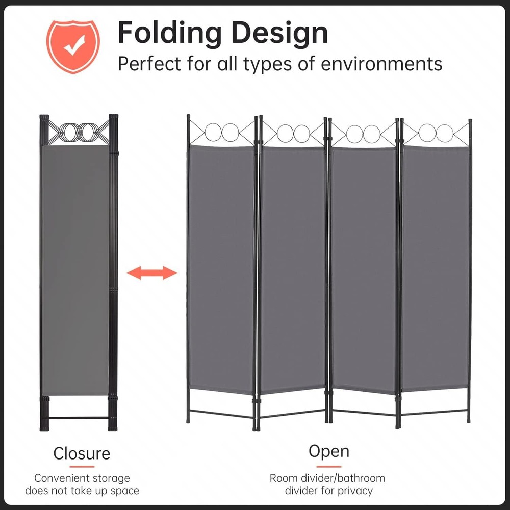4 Panel Room Divider 6FT Steel Frame Screen Folding Privacy Divider Freestanding