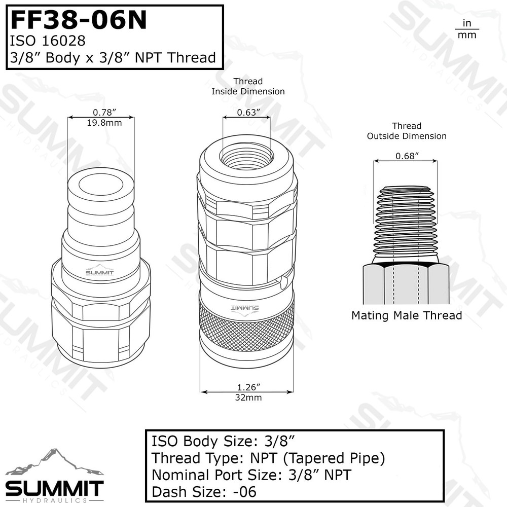 3/8" Flat Face Hydraulic Quick Connect Coupler / Coupling Set, 3/8" NPT Thread