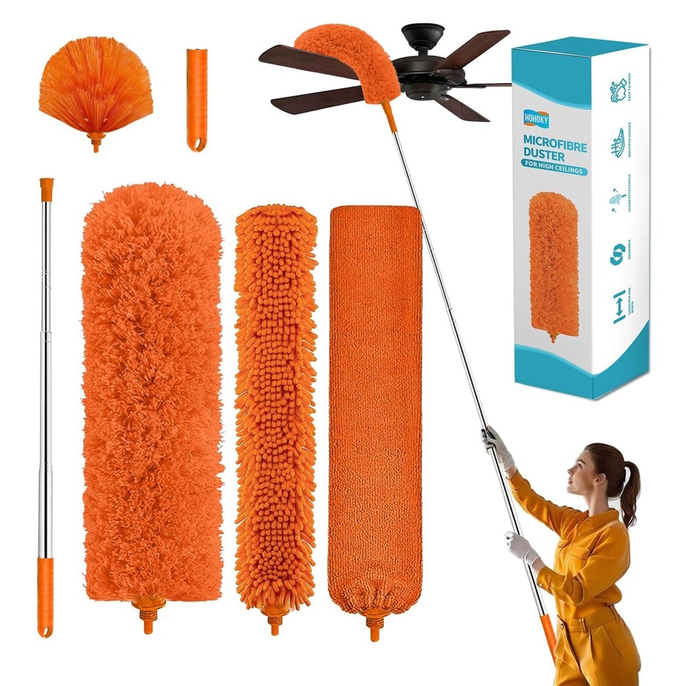 Telescoping Cobweb Duster with 110" Extension Pole, Microfiber Dusting Kit for H