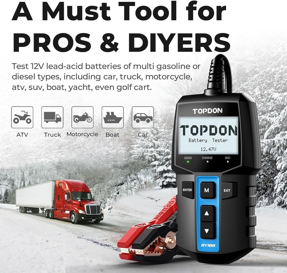 BT100: TOPDON 12V Battery Tester & Analyzer