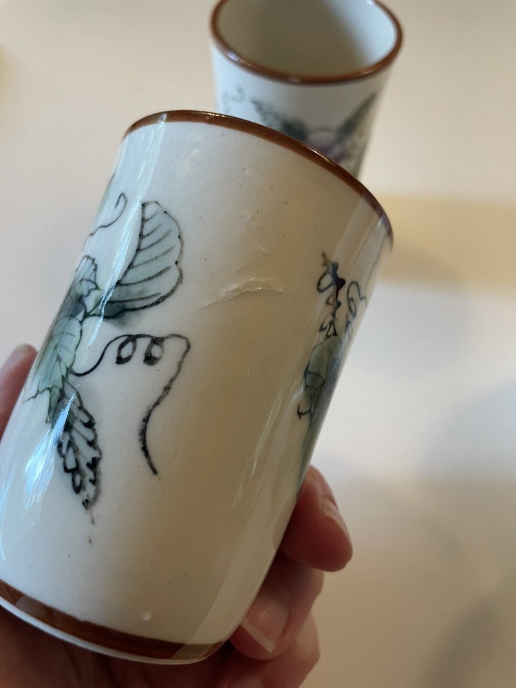 Vtg Ceramic Pitcher & Cups | Hand Painted Grape Design Jug Glasses