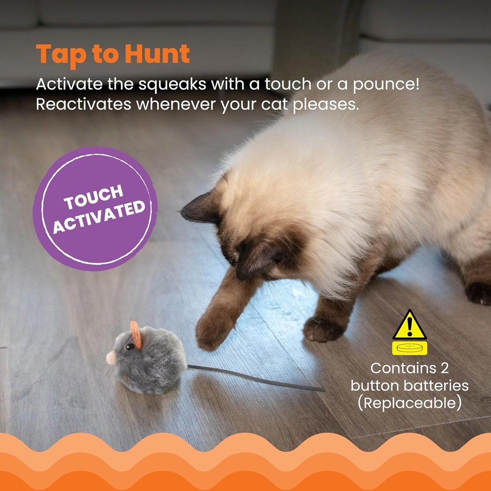 Interactive Touch-Activated Cat Toy – Gray Squeak Squeak Mouse with Catnip