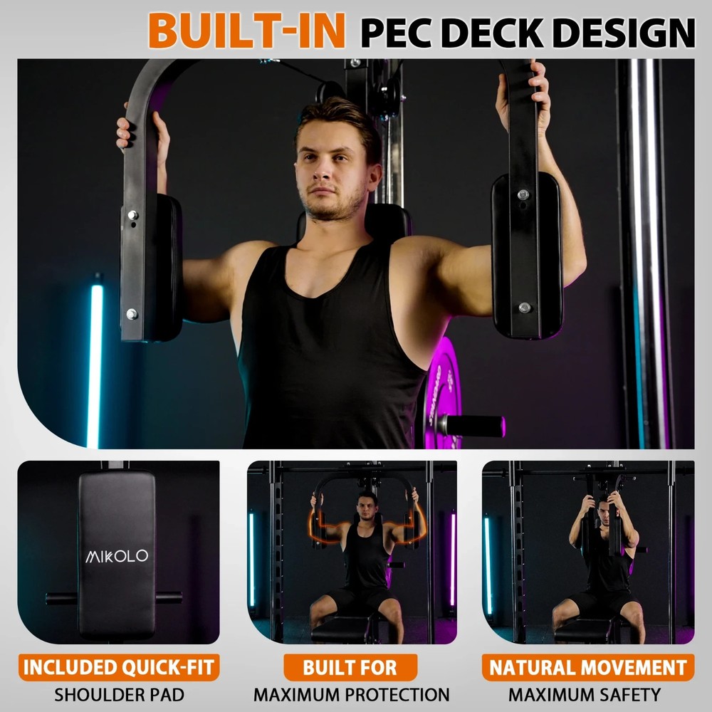 Smith Machine Home Gym Power Rack w/ Pec Deck Lat Pulldown & Low Row