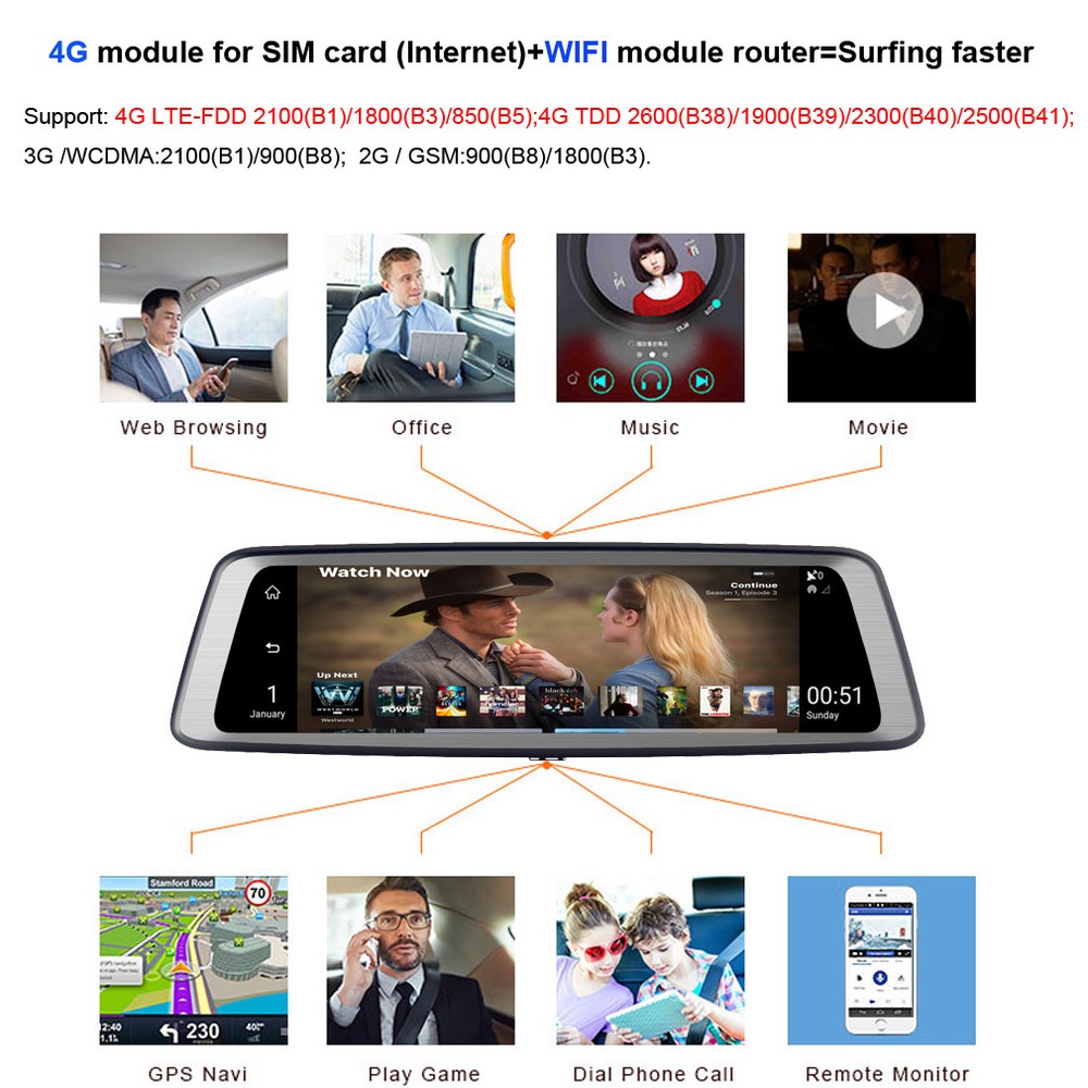 4G smart Car DVR Camera Android rear view backup mirror Dash Cam GPS navigation