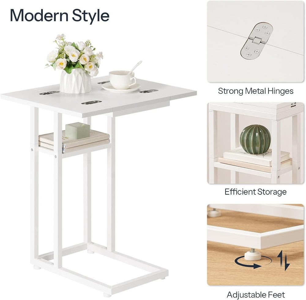 Small Snack Table Foldable End Table C Shaped Side Table W/ Storage Shelf