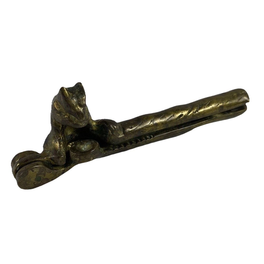 Vintage Nutcracker Solid Brass Handheld Figural Squirrel Etched Heavy 6" Patina