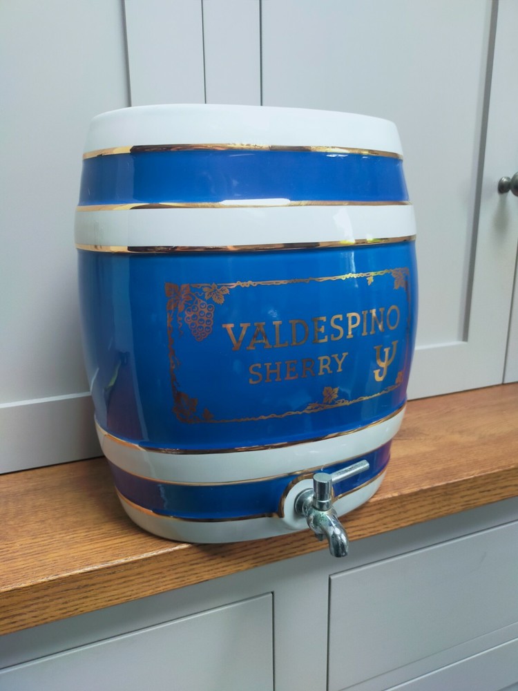 Vintage large Valdespino blue ceramic gin cask with spigot