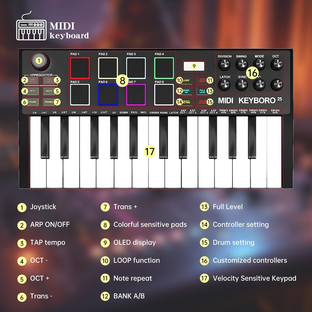 MIDI Keyboard Controllers，25-Key USB MIDI Keyboard with Backlit Drum Pads, Kn...