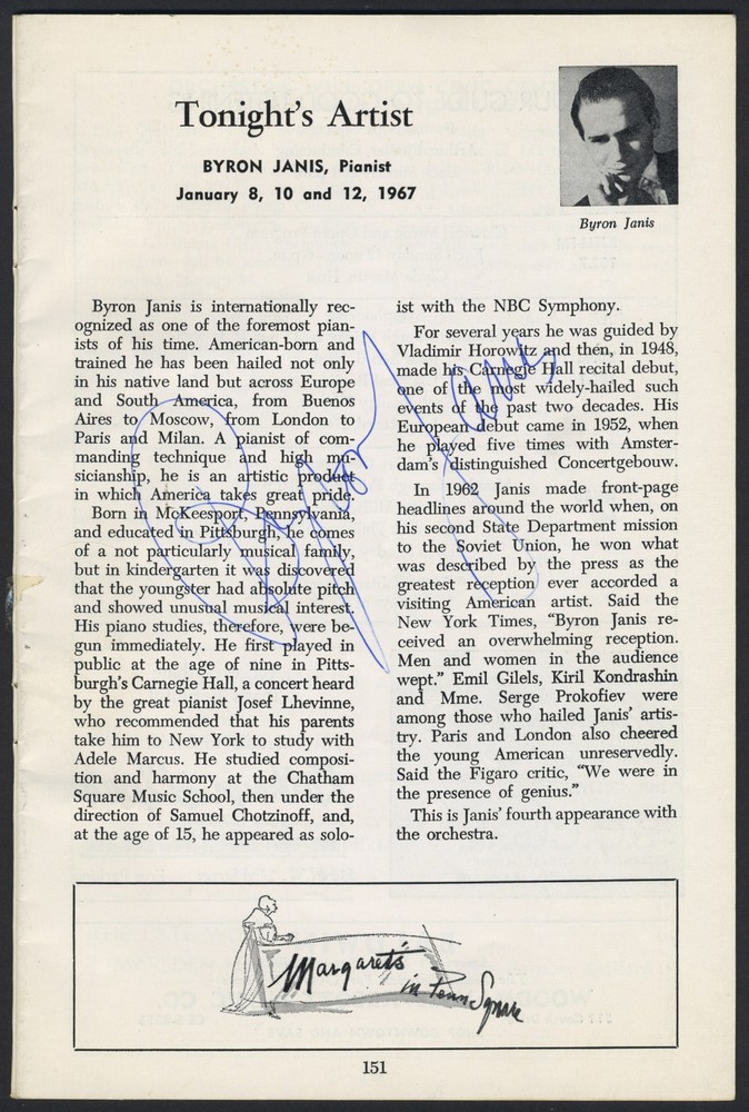 Byron JANIS (Pianist): Signed Program