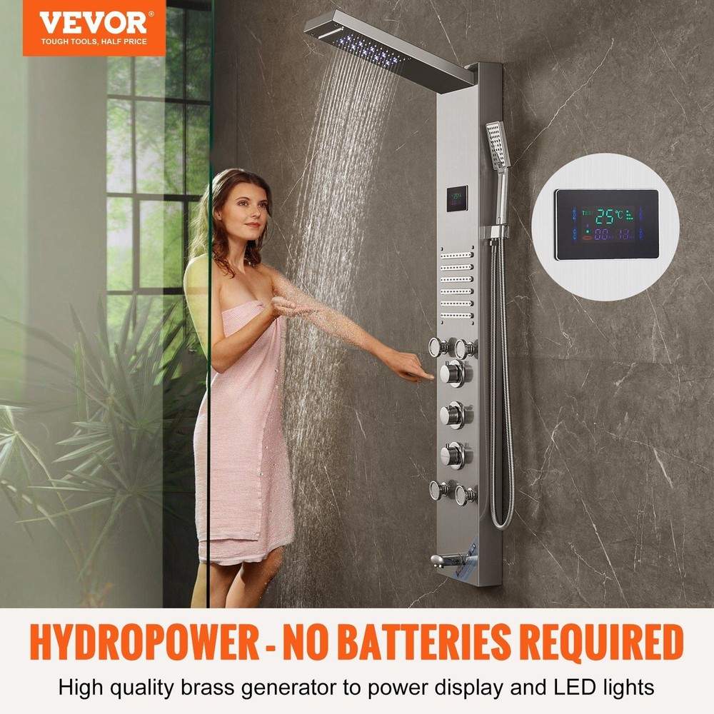 6-Mode LED Shower Panel, Rainfall & Waterfall, 5 Jets, Handheld, SS
