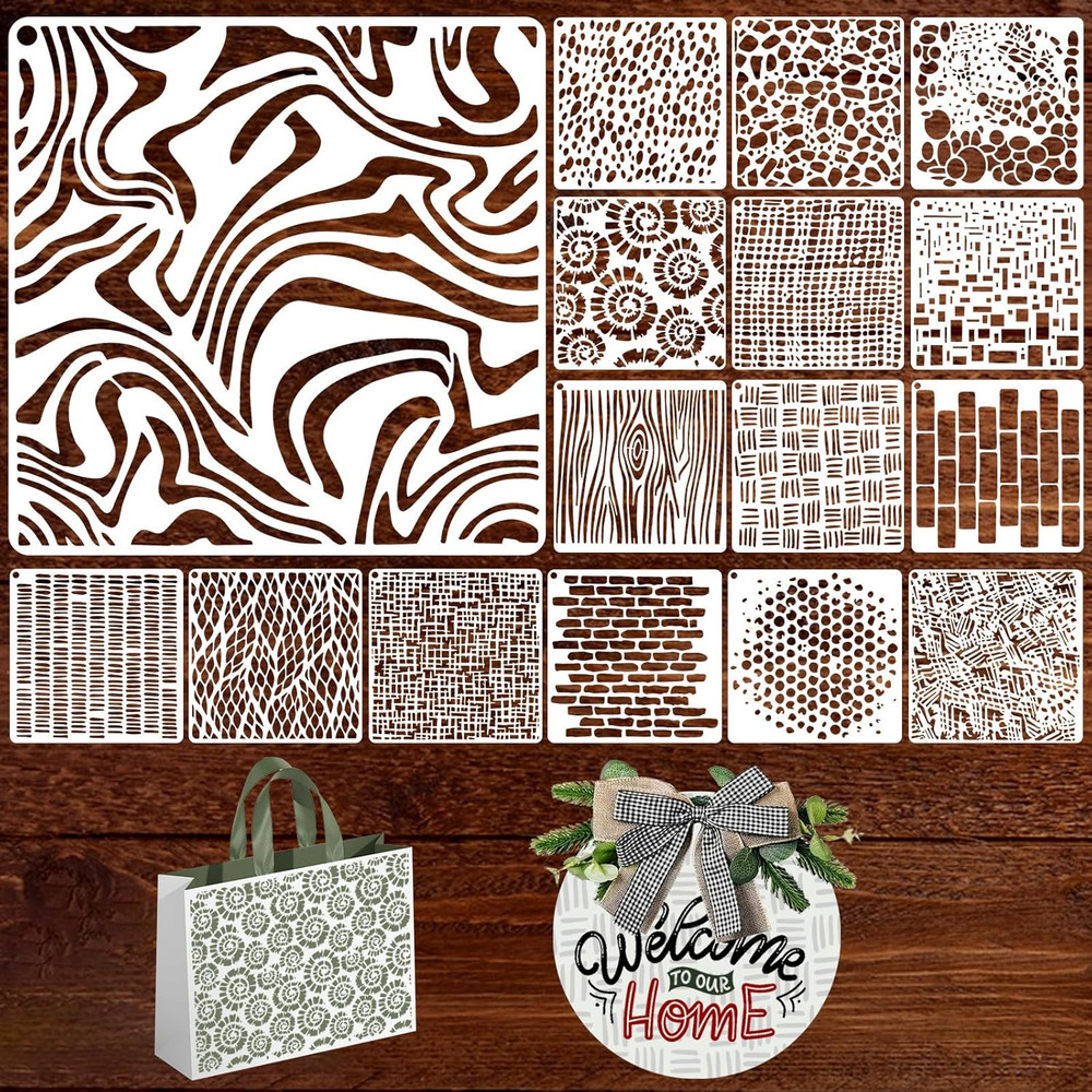 16Pcs Geometric Stencils 6x6 Reusable Texture Bubble Dot Wave Stone Pattern DIY