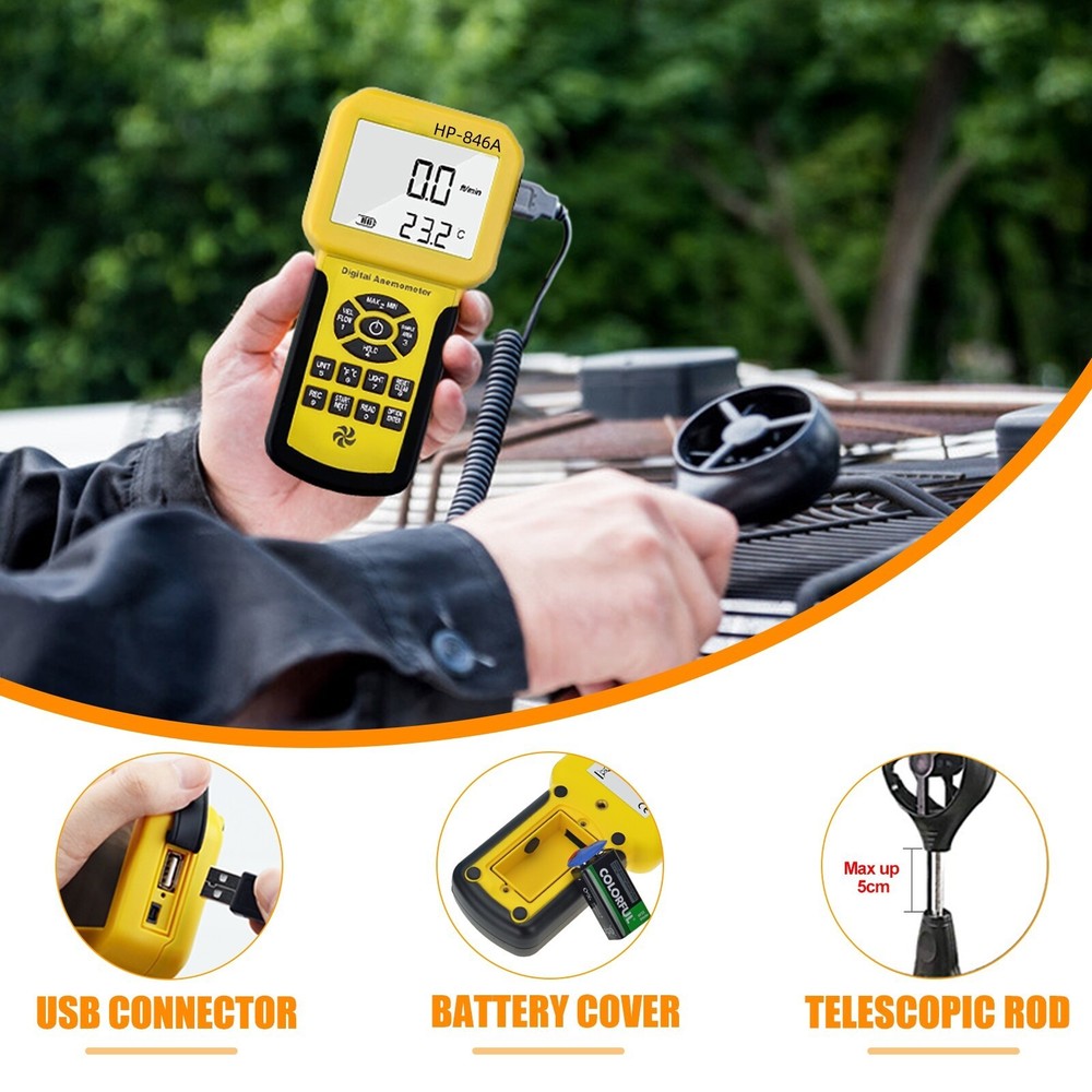 HOLDPEAK Digital Pro CFM Anemometer - HVAC Wind Speed, Air Flow, Temp Meter - US