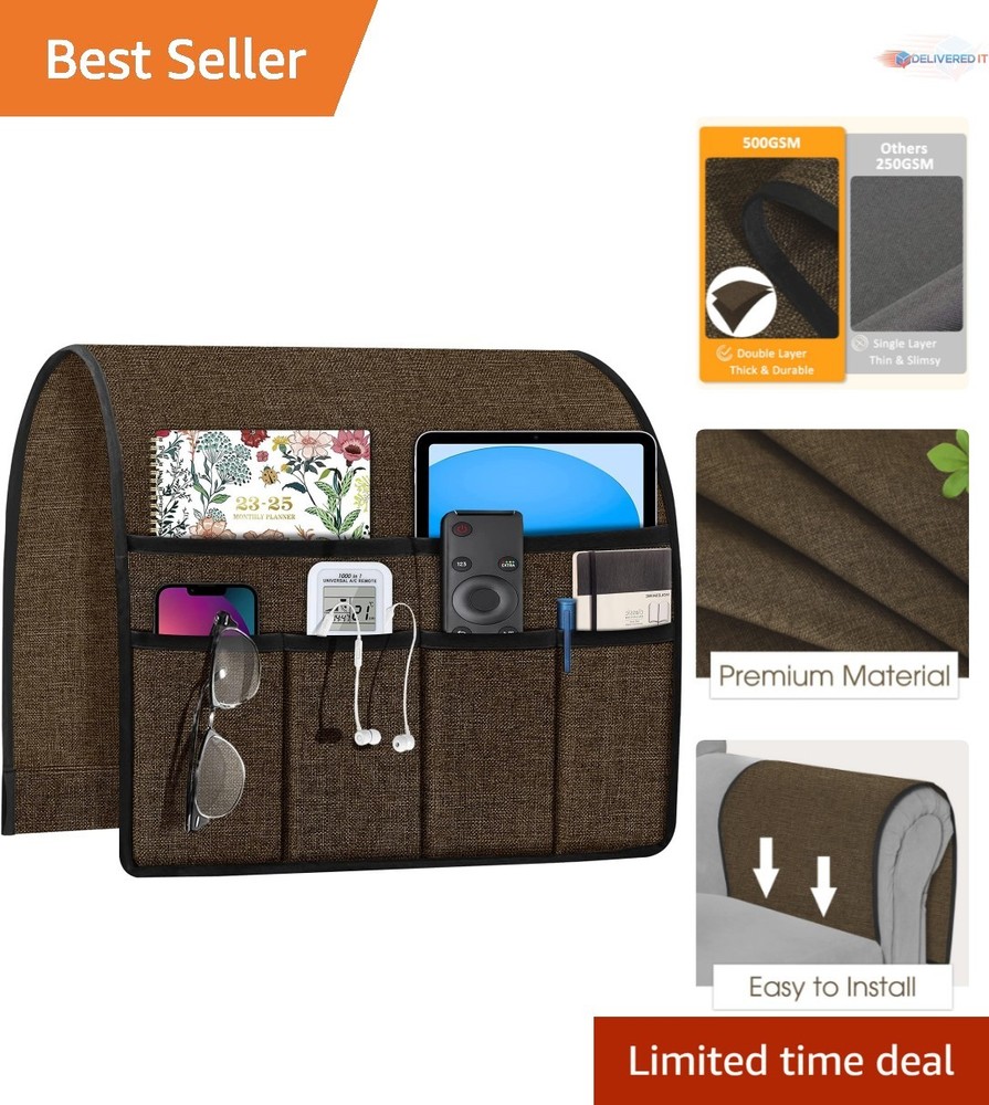 Adjustable Linen Armchair Caddy in Chocolate: Functional Sofa Storage Solution