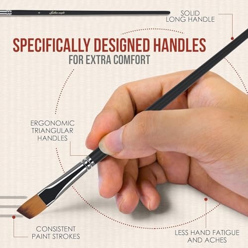 Angular Paint Brush, 9PC Oblique Tip Nylon Hair Long Handle - Angled Paint