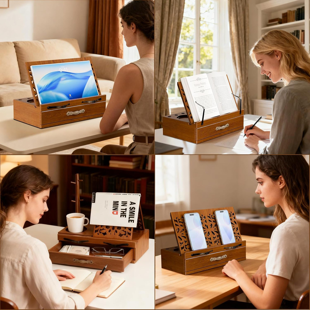 Adjustable Wooden Book Stand with Storage - Multi-Function Hands Free Book Holde
