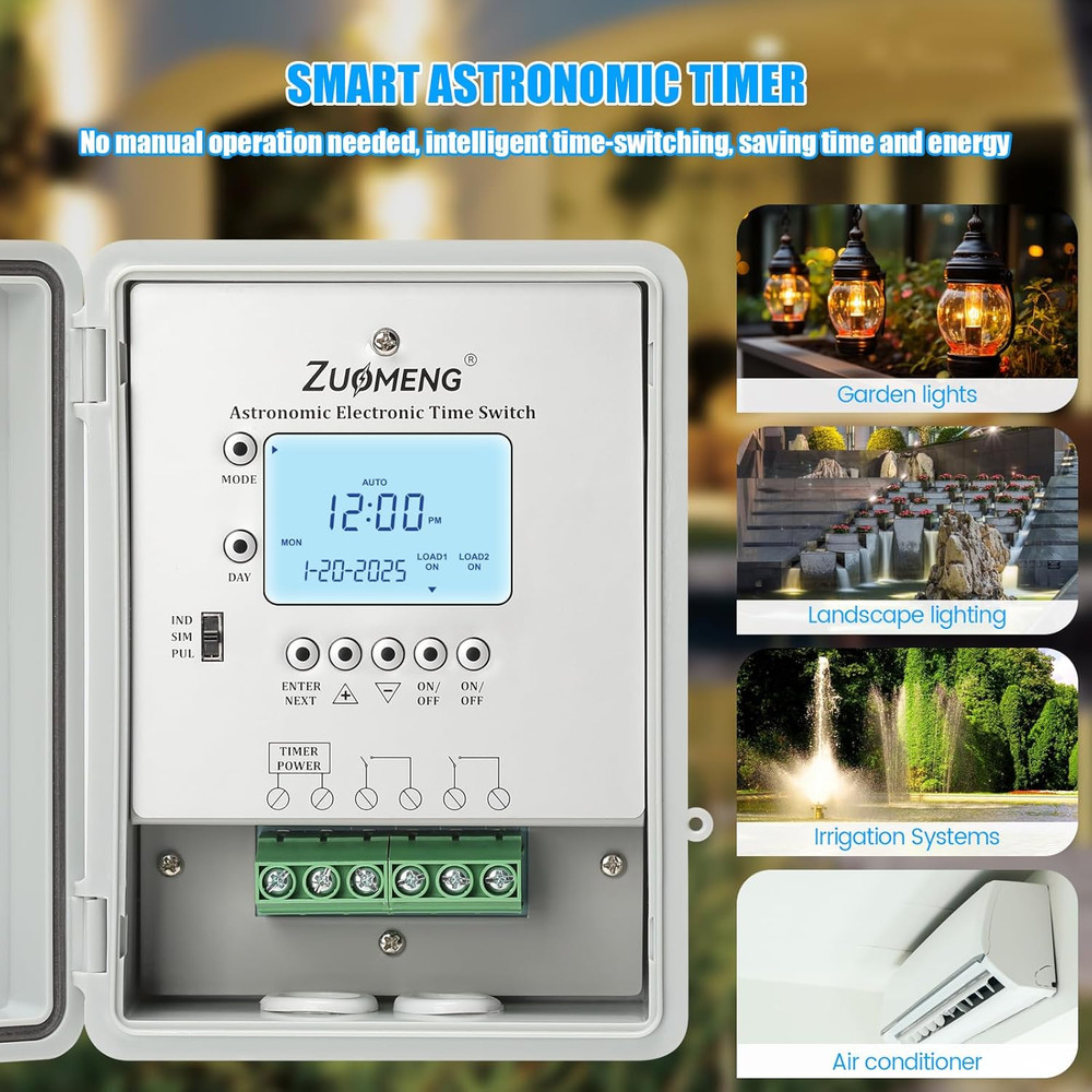 30A Astronomic Timer Switch, Weekly Scheduler, Waterproof, Rechargeable Battery