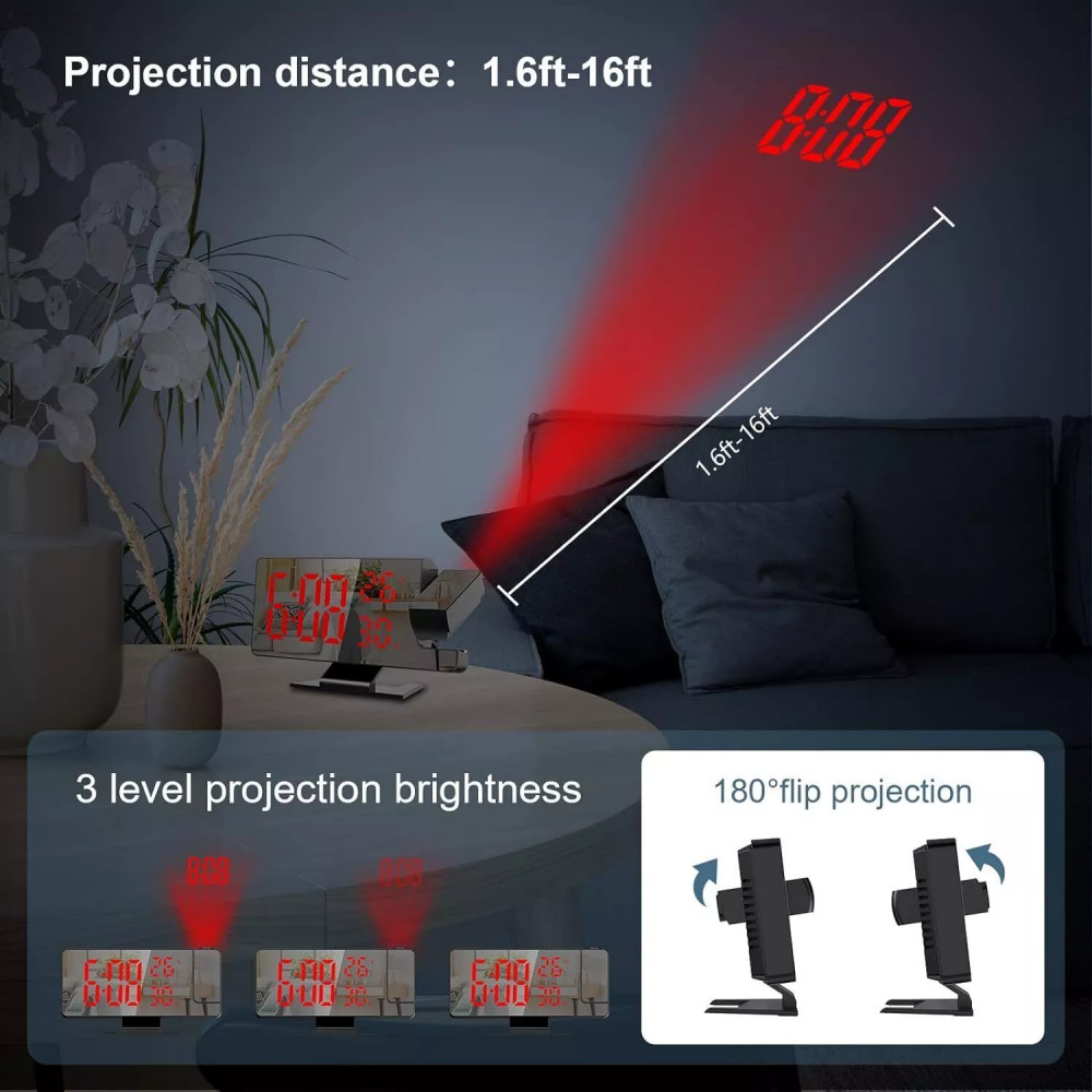 7.8" LED Digital Projector Projection Snooze Dual Alarm Clock Timer USB A+