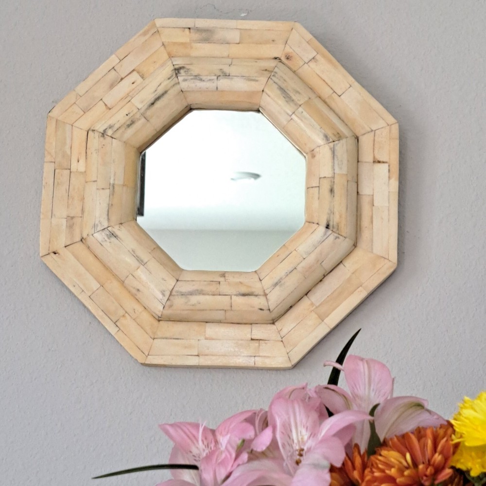 13" Vintage Octagonal Bone Inlay Wall Hanging Mirror