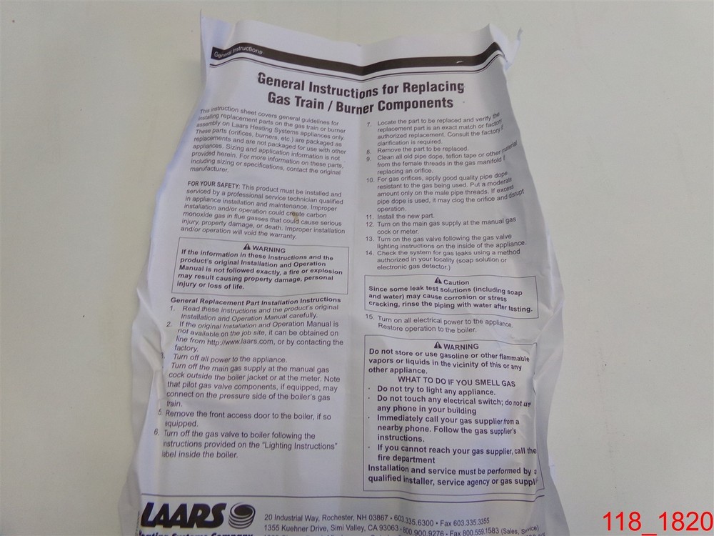 Qty=10: Laars Train Burner Gas Compenents Replacement Set