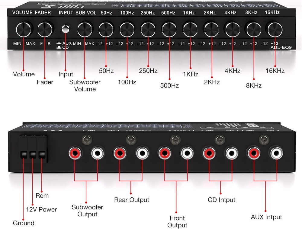 9-Band Car Equalizer with CD/AUX Input & Adjustable Subwoofer Control