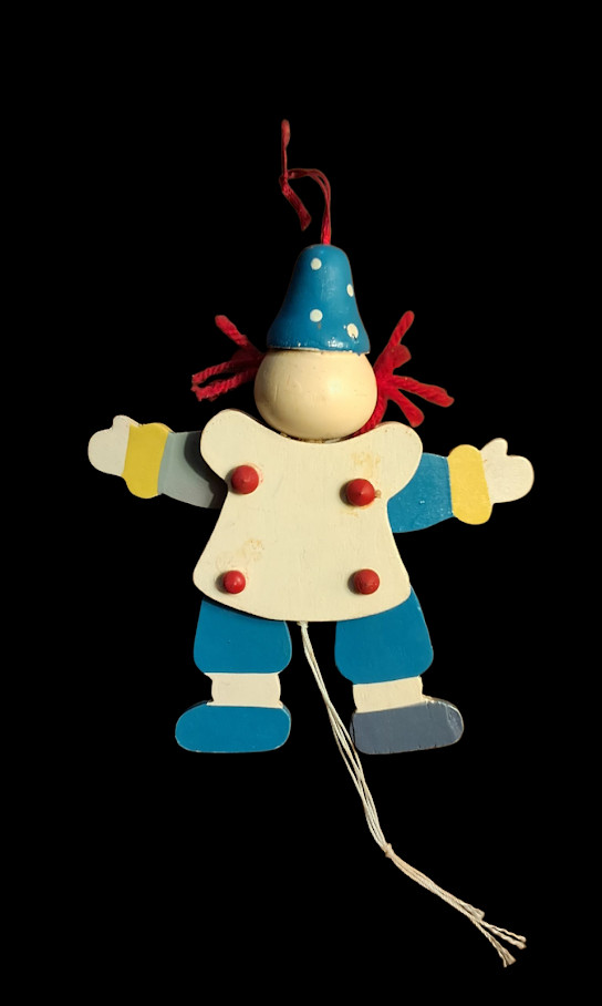 Vintage 1960's Clown Wood Painted Pull String String Puppet Jumping Jack Toy