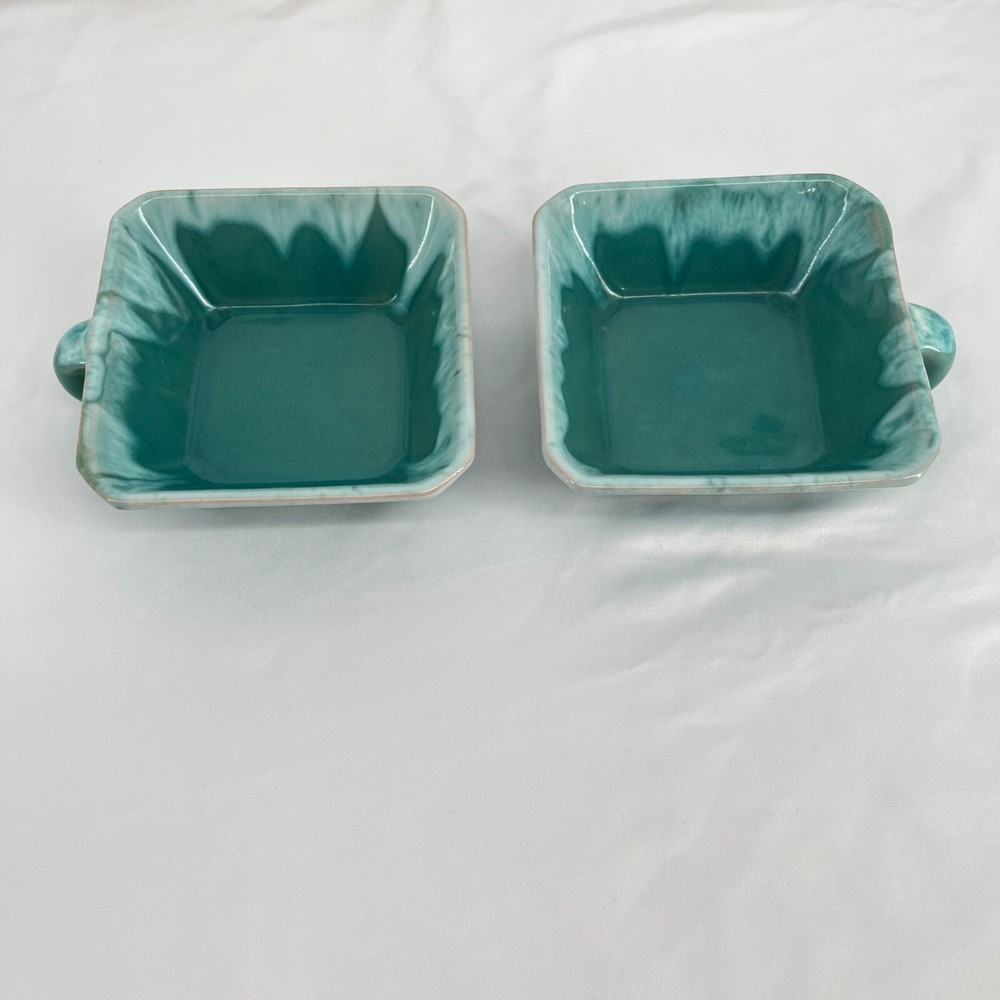Vintage Turquoise Ceramic Dinnerware Set 6 Pieces Square Plates & Mugs
