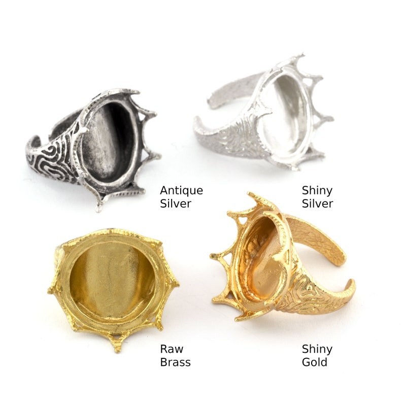 Crown Ring, Adjustable Bezel Setting,Raw Brass, Silver,Gold (20mm, 6US-8US) 4774