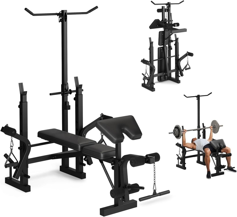7-in-1 Adjustable Weight Bench with Squat Rack,Lat Pulldown & Leg Extension Home