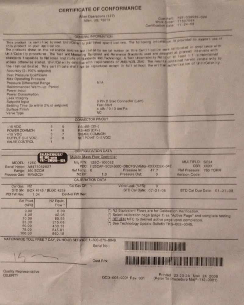 Celerity Mass Flow Controller IFC-125C SC24 860 SCCM N2