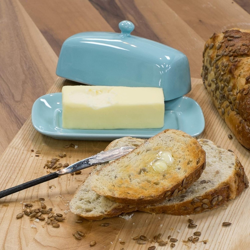 Now Designs Stoneware Rectangle Butter Dish with Lid Eggshell, Eggshell Blue