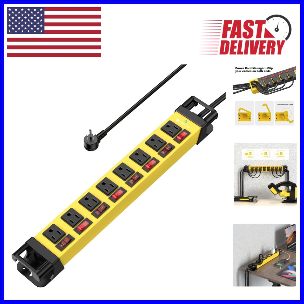 8 Outlet Surge Protector with Right Angle Plug & Cord Management for Workbench