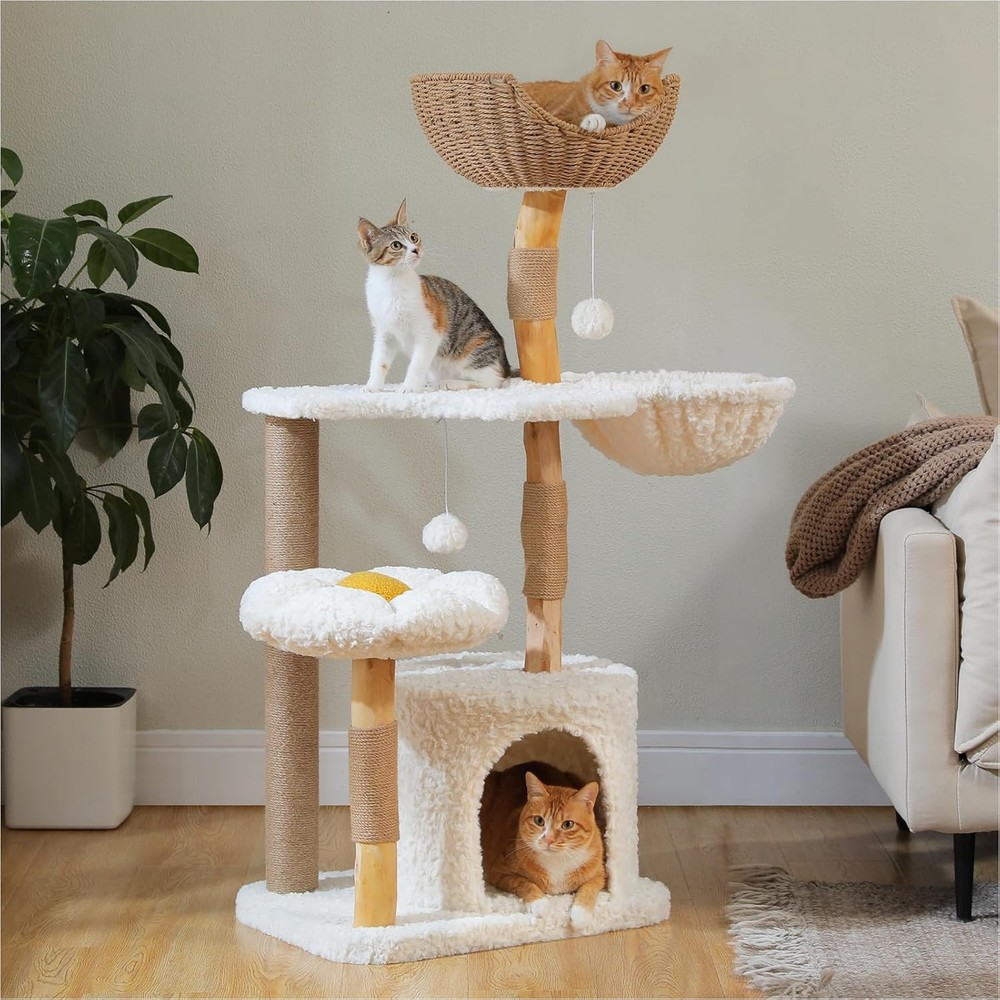 48.5'' Modern Cat Tree for Large, Cozy Hammock, Scratching Post, White